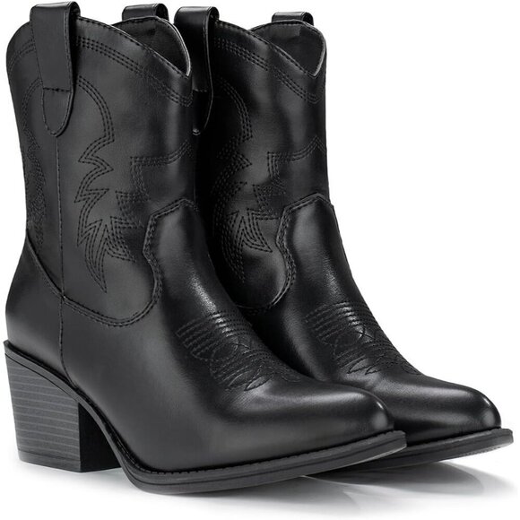 Western Boots Mid Calf Boots Short Chunky Classic Black Faux Leather For Women - Picture 6 of 9